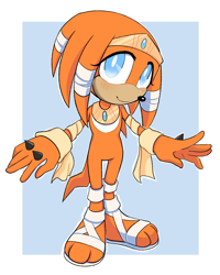 Size: 1188x1488 | Tagged: safe, artist:hearttheglaceon, tikal, echidna, abstract background, arm-wraps, arms out, blushing, crescent chest mark, looking up, natural alt, natural tikal, redesign, sandals, smile, solo, spike, standing
