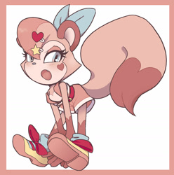 Size: 1280x1290 | Tagged: safe, artist:hearttheglaceon, oc, oc:heart the fisher, cat, abstract background, belt, blushing, bow, brown tipped ears, hair over one eye, hair pin, heart, looking offscreen, mouth open, one fang, posing, shoes, shorts, solo