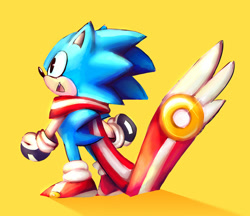 Size: 1280x1105 | Tagged: safe, artist:hearttheglaceon, sonic the hedgehog, hedgehog, au:sonic skyline, clenched fists, from behind, lineless, looking up, mouth open, no outlines, one fang, ring, scarf, simple background, solo, standing, yellow background