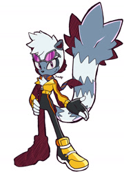 Size: 1024x1419 | Tagged: safe, artist:jamo_art, artist:jamoart, tangle the lemur, lemur, fingerless gloves, hand on hip, hand-out, jacket, looking at viewer, pants, riders style, scarf, shoes, simple background, smile, solo, sonic riders, standing, sunglasses, white background