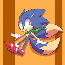 Size: 1024x1024 | Tagged: safe, artist:dog22322, oc, hybrid, abstract background, blue fur, fusion, fusion:sonic, fusion:tails, gloves, green eyes, hedgefox, looking offscreen, mouth open, peach fur, scarf, shoes, signature, socks, solo, two tails