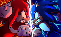 Size: 1280x796 | Tagged: safe, artist:323meh323, knuckles the echidna, sonic the hedgehog, echidna, hedgehog, sonic the hedgehog 2 (2022), angry, clenched fists, clenched teeth, duo, electricity, fighting pose, imminent fight, looking at viewer, redraw, sweatdrop, this will end in blood