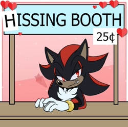 Size: 902x900 | Tagged: safe, artist:chocomintystars, shadow the hedgehog, hedgehog, abstract background, angry, kissing booth, lidded eyes, one fang, red eyes, solo