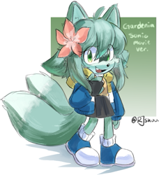 Size: 473x518 | Tagged: safe, artist:rjshuu, oc, oc:gardenia the fox, fox, flower, movie style, one fang, signature, solo, two tails