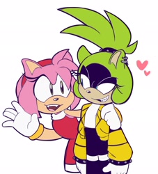 Size: 1856x2048 | Tagged: safe, artist:gamerknux5, amy rose, surge the tenrec, hedgehog, tenrec, amy's halterneck dress, crack shipping, duo, hand on shoulder, hearts, lesbian, shipping, simple background, surgamy, white background