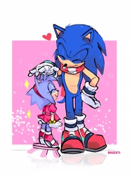 Size: 1536x2048 | Tagged: safe, artist:melmagenta3, sonic the hedgehog, oc, oc:rosie the hedgehog, hedgehog, child, fankid, father and daughter, parent:amy, parent:sonic, parents:sonamy