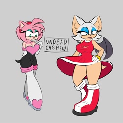 Size: 2000x2000 | Tagged: suggestive, artist:undeadcashew, amy rose, rouge the bat, bat, hedgehog, amy's halterneck dress, grey background, outfit swap, rouge's heart top, simple background, upskirt