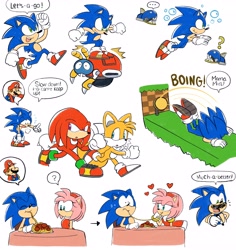 Size: 3860x4096 | Tagged: safe, artist:domestic maid, amy rose, knuckles the echidna, miles "tails" prower, moto bug, sonic the hedgehog, echidna, fox, hedgehog, bumper, leaping, mario, mind swap, robot, simple background, spaghetti, swimming, white background