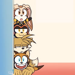 Size: 1955x1956 | Tagged: safe, artist:n0ughtsense, charmy bee, cream the rabbit, marine the raccoon, miles "tails" prower, bee, fox, rabbit, raccoon, child, turning red