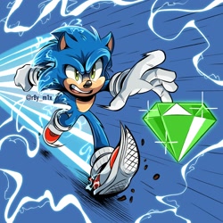 Size: 2048x2048 | Tagged: safe, artist:r8ym1x, sonic the hedgehog, hedgehog, blue background, chaos emerald, electricity, running, running towards viewer, simple background, solo