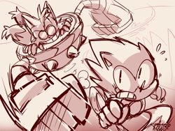 Size: 1600x1200 | Tagged: safe, artist:thegreatrouge, miles "tails" prower, sonic the hedgehog, fox, hedgehog, alignment swap, au:tails' amnesia, chasing, duo, eggmobile, evil, evil grin, evil tails, running, signature, sketch, this will end in property damage