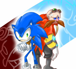 Size: 1024x922 | Tagged: safe, artist:thegreatrouge, robotnik, sonic the hedgehog, hedgehog, human, abstract background, alignment swap, clenched teeth, duo, evil, evil grin, evil sonic, hands together, looking at viewer, looking back, sonic boom (tv), sweatdrop