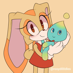 Size: 1280x1280 | Tagged: safe, artist:rosyd00dles, cheese (chao), cream the rabbit, chao, beige background, blushing, bowtie, duo, holding them, looking at viewer, simple background, smile, standing