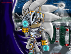 Size: 900x687 | Tagged: safe, artist:reina-wolf, silver the hedgehog, hedgehog, sonic and the black knight, balcony, clenched fist, clouds, curtain, frown, hand on head, lidded eyes, moon, mountain, nighttime, sir galahad, solo, standing on one leg, star (sky), walking