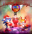 Size: 1280x1356 | Tagged: safe, artist:nerkin, miles "tails" prower, sonic the hedgehog, bird, fox, hedgehog, christmas decorations, christmas hat, classic sonic, classic tails, fake antlers, gloves, headband, looking at viewer, pecky, penguin, scarf, smile, snow, snowman, sonic 2 hd (fanproject), standing, trio, waving