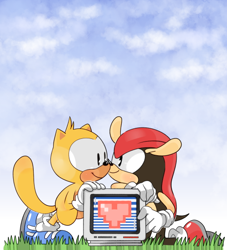 Size: 500x551 | Tagged: source needed, safe, artist:anoiy_math, mighty the armadillo, ray the flying squirrel, armadillo, flying squirrel, blushing, classic style, clouds, daytime, duo, gay, grass, kneeling, leaning in, looking at each other, mightay, monitor, noses are touching, shipping, smile