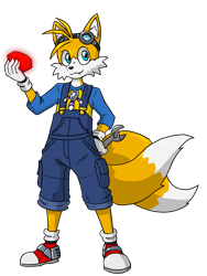 Size: 1255x1672 | Tagged: safe, artist:karlwarrior47, miles "tails" prower, fox, alternate version, chaos emerald, character sheet, goggles, jet anklet, one fang, rhythm badge, simple background, solo, spanner, transparent background