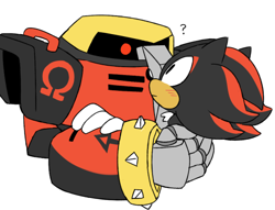 Size: 500x381 | Tagged: safe, artist:cherucat, e-123 omega, shadow the hedgehog, alternate version, black sclera, blushing, duo, gay, holding them, looking at each other, omegadow, question mark, red eyes, robot, shipping, simple background, white background
