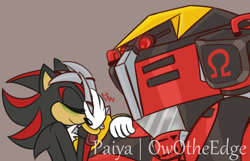 Size: 1280x824 | Tagged: safe, artist:owotheedge, e-123 omega, shadow the hedgehog, blushing, duo, eyes closed, gay, hand on head, heart, holding them, looking at them, omegadow, purple background, robot, shipping, signature, simple background, smile