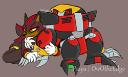 Size: 1151x694 | Tagged: safe, artist:owotheedge, e-123 omega, shadow the hedgehog, blushing, duo, frown, gay, holding arm, leaning, looking at them, looking offscreen, omegadow, purple background, robot, shipping, simple background, sitting