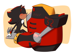 Size: 2325x1720 | Tagged: safe, artist:pressgarden, e-123 omega, shadow the hedgehog, abstract background, blushing, carrying them, duo, eyes closed, gay, kiss on head, looking at them, omegadow, robot, shipping, sitting