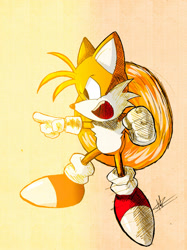 Size: 1024x1366 | Tagged: safe, artist:kaiserkleylson, miles "tails" prower, fox, angry, flying, looking ahead, mouth open, one fang, orange background, pointing, signature, simple background, sketch, solo, spinning tails