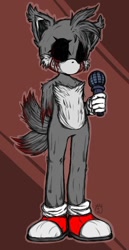 Size: 620x1200 | Tagged: semi-grimdark, artist:poppingperi, miles "tails" prower, oc, oc:tails.exe, fox, abstract background, black sclera, bleeding from eyes, blood, friday night funkin, gloves, hair over one eye, holding something, injured, microphone, missing limb, shoes, socks, solo, standing, torn flesh