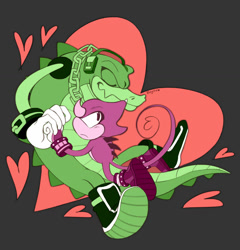 Size: 1024x1067 | Tagged: safe, artist:bdugo7, espio the chameleon, vector the crocodile, crocodile, lizard, abstract background, blushing, chameleon, duo, eyes closed, gay, hearts, holding hands, looking at them, shipping, vecpio
