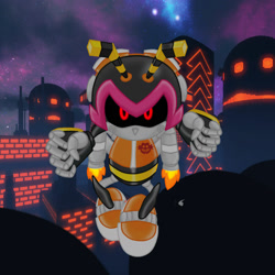 Size: 1280x1280 | Tagged: safe, artist:neocharmy, oc, oc:metal charmy, black sclera, building, clenched fists, fire, flying, jetpack, looking at viewer, red eyes, robot, solo