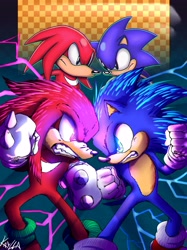 Size: 2952x3937 | Tagged: safe, artist:kayllacat, knuckles the echidna, sonic the hedgehog, echidna, hedgehog, sonic the hedgehog 2 (2022), electricity, fighting pose, style comparison