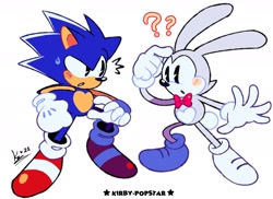 Size: 2200x1600 | Tagged: safe, artist:kirby-popstar, feels the rabbit, sonic the hedgehog, hedgehog, rabbit, blushing, bowtie, duo, gloves, looking at each other, mouth open, question mark, redraw, shoes, simple background, socks, sweatdrop, white background
