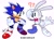 Size: 2200x1600 | Tagged: safe, artist:kirby-popstar, feels the rabbit, sonic the hedgehog, hedgehog, rabbit, blushing, bowtie, duo, gloves, looking at each other, mouth open, question mark, redraw, shoes, simple background, socks, sweatdrop, white background