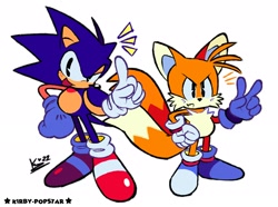 Size: 2084x1554 | Tagged: safe, artist:kirby-popstar, miles "tails" prower, sonic the hedgehog, fox, hedgehog, sonic the ova, blue shoes, blushing, duo, frown, gloves, hand on hip, looking at viewer, looking offscreen, mouth open, pointing, redraw, shoes, simple background, socks, standing, v sign, white background