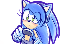 Size: 2352x1668 | Tagged: safe, artist:k3llywolfarts, sonic the hedgehog, oc, oc:kelly the hedgehog, hedgehog, blushing, crop top, frown, gender swap, gloves, hair over one eye, headband, looking offscreen, simple background, solo, sweatdrop, transparent background