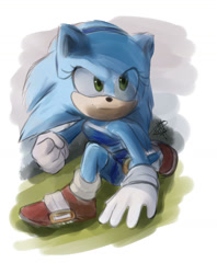 Size: 1280x1617 | Tagged: safe, artist:k3llywolfarts, sonic the hedgehog, oc, oc:kelly the hedgehog, hedgehog, sonic the hedgehog (2020), clenched fist, crop top, gender swap, grass, hair over one eye, headband, looking offscreen, posing, redraw, smile, solo