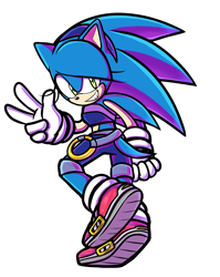 Size: 1653x2080 | Tagged: safe, artist:k3llywolfarts, sonic the hedgehog, oc, oc:kelly the hedgehog, hedgehog, buckle, clenched fist, clenched teeth, crop top, gender swap, gloves, headband, looking back, ring, shoes, shorts, simple background, smile, socks, solo, standing on one leg, transparent background, v sign
