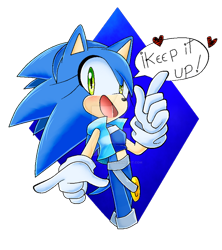 Size: 600x675 | Tagged: safe, artist:k3llywolfarts, sonic the hedgehog, oc, oc:kelly the hedgehog, hedgehog, abstract background, blushing, crop top, dialogue, exclamation mark, gender swap, gloves, headband, hearts, jacket, looking at viewer, mouth open, pointing, ring, semi-transparent background, shorts, solo, speech bubble
