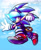 Size: 1961x2386 | Tagged: safe, artist:k3llywolfarts, sonic the hedgehog, oc, oc:kelly the hedgehog, hedgehog, abstract background, clenched fist, clenched teeth, clouds, crop top, gender swap, gloves, hair over one eye, headband, mid-air, ring, shoes, shorts, smile, socks, solo, v sign, wink