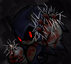 Size: 2780x2500 | Tagged: semi-grimdark, artist:k3llywolfarts, oc, oc:sonic.exe, hedgehog, abstract background, black sclera, blood, clenched teeth, cracked glass, evil grin, glowing eyes, looking at viewer, red eyes, solo