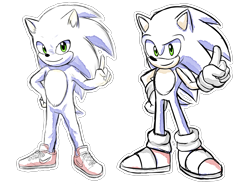 Size: 2148x1580 | Tagged: safe, artist:k3llywolfarts, sonic the hedgehog, hedgehog, sonic the hedgehog (2020), duo, gloves, hand on hip, looking at viewer, modern sonic, outline, pointing, shoes, simple background, smile, socks, standing, style comparison, transparent background