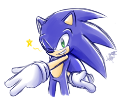 Size: 1092x930 | Tagged: safe, artist:k3llywolfarts, sonic the hedgehog, hedgehog, arm behind back, clenched teeth, gloves, looking at viewer, pointing, signature, simple background, sketch, smile, solo, standing, star (symbol), v sign, white background, wink