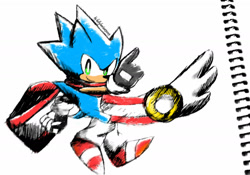 Size: 1600x1118 | Tagged: safe, artist:k3llywolfarts, sonic the hedgehog, hedgehog, au:sonic skyline, clenched fist, gloves, looking at viewer, pointing, posing, ring, scarf, shoes, simple background, sketch, sketch page, smile, socks, solo, white background