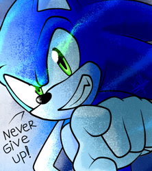 Size: 800x900 | Tagged: safe, artist:k3llywolfarts, sonic the hedgehog, hedgehog, clenched teeth, dialogue, exclamation mark, gloves, looking at viewer, one fang, pointing, smile, solo, talking to viewer