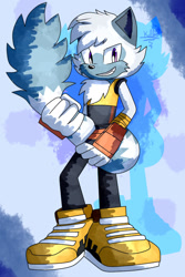 Size: 600x900 | Tagged: safe, artist:k3llywolfarts, tangle the lemur, lemur, abstract background, clenched teeth, gender swap, gloves, hair over one eye, holding tail, looking at viewer, shoes, signature, smile, solo, standing, tangle's running suit