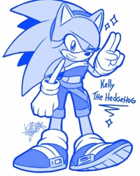 Size: 768x960 | Tagged: safe, artist:k3llywolfarts, sonic the hedgehog, oc, oc:kelly the hedgehog, hedgehog, buckle, gender swap, gloves, hair over one eye, headband, looking at viewer, monochrome, shoes, signature, simple background, socks, solo, standing, star (symbol), white background, wink