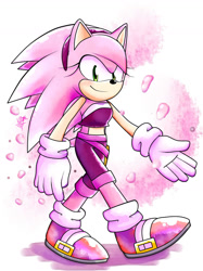 Size: 1280x1711 | Tagged: safe, artist:k3llywolfarts, sonic the hedgehog, oc, oc:kelly the hedgehog, hedgehog, abstract background, buckle, gender swap, gloves, hand-out, headband, looking at viewer, shoes, smile, socks, solo, walking