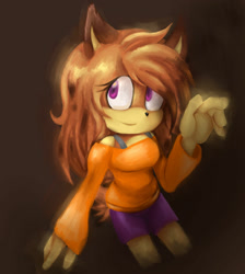 Size: 1024x1145 | Tagged: safe, artist:solvanker, oc, hedgehog, bardot top, gradient background, hair over one eye, long hair, looking offscreen, looking up, no outlines, purple eyes, shorts, smile, solo, unnamed oc