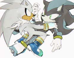 Size: 620x492 | Tagged: suggestive, artist:natty650, mephiles the dark, silver the hedgehog, hedgehog, duo, frown, gay, holding them, looking at each other, lying down, mephilver, neck fluff, no mouth, shipping, simple background, sitting, white background