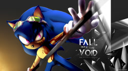 Size: 1000x550 | Tagged: semi-grimdark, artist:kingofhighlands, sonic the hedgehog, hedgehog, au:fall into the void, blood, broken glass, evil, glowing eyes, holding something, leaning in, lineless, no outlines, smile, solo, sonic riders, sunglasses, sword, yandere
