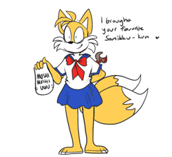 Size: 1056x962 | Tagged: semi-grimdark, artist:beastofeuthanasia, miles "tails" prower, fox, arm behind back, bag, blood, blood stain, crossdressing, dialogue, evil, evil tails, femboy, heart, holding something, implied murder, implied sonic, looking offscreen, schoolgirl outfit, shrunken pupils, simple background, sketch, smile, solo, spanner, standing, white background, yandere